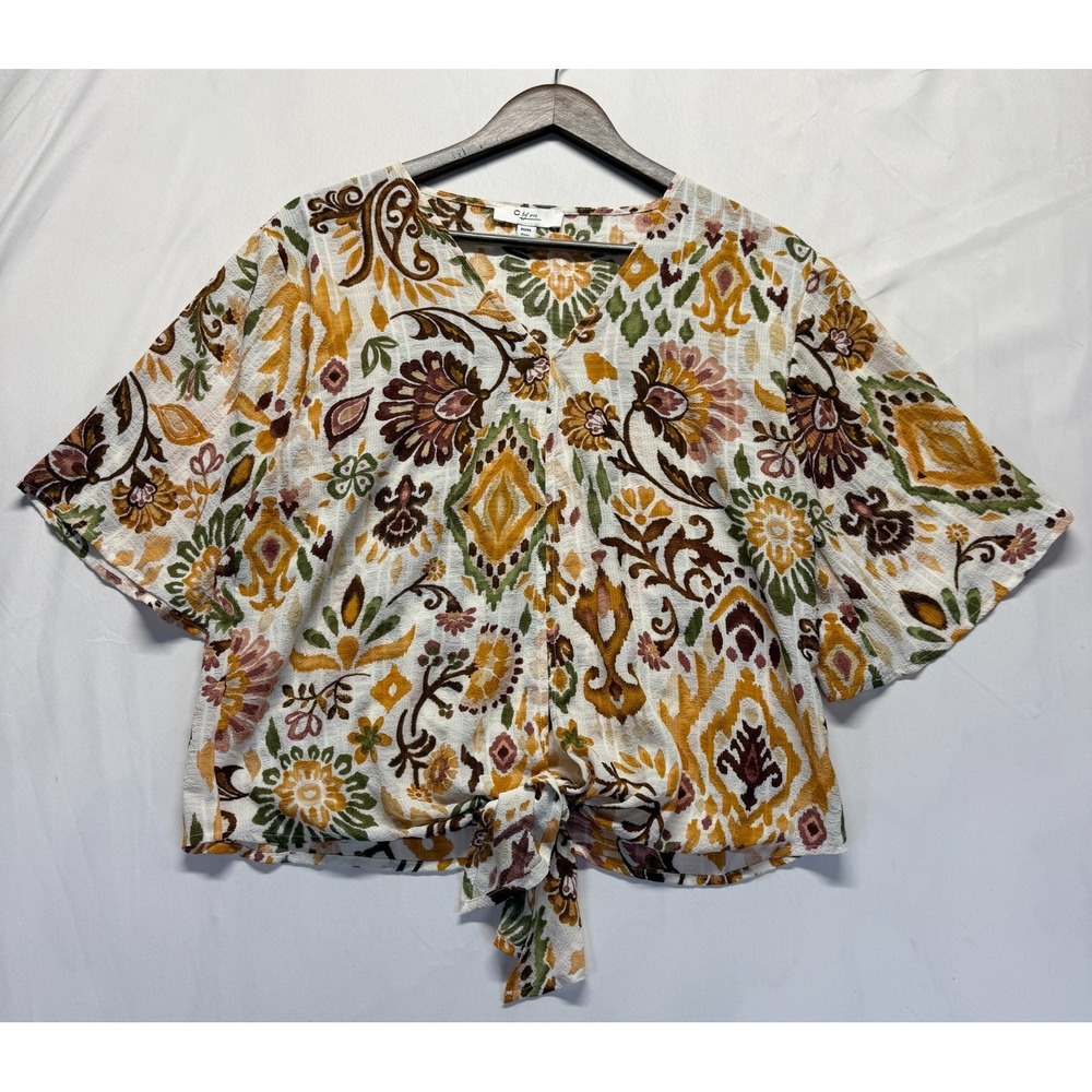 C By One Knot Hem Blouse Top Womens Medium Multi‎ Bohemian Floral Print V Neck